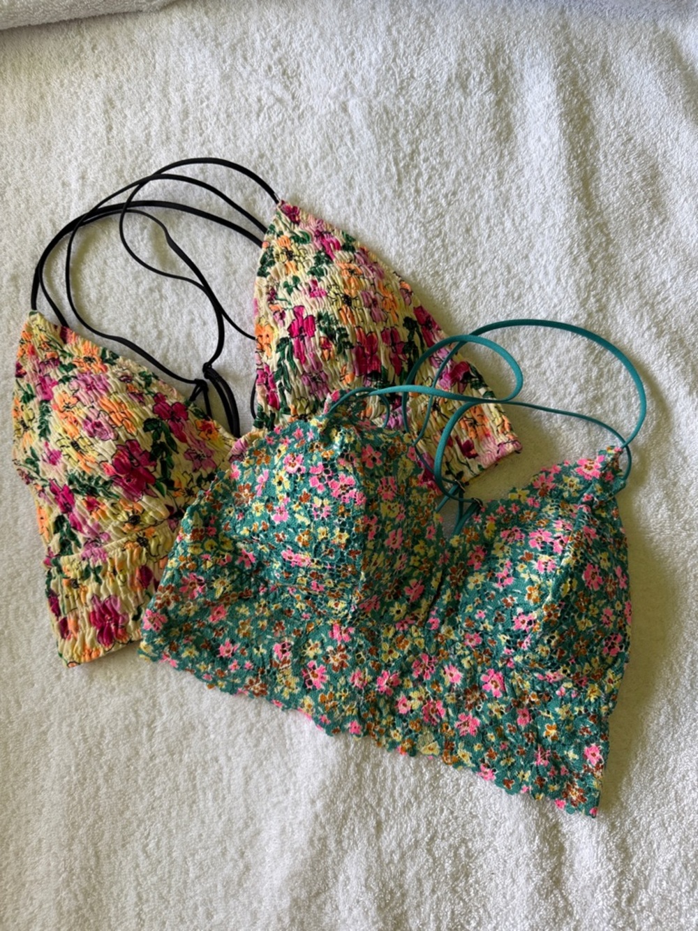 PINK Victoria's Secret Floral Smocked Bralette Duo - Teal & Yellow Floral